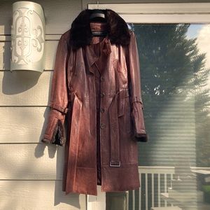 Andrew Marc leather w/rabbit fur size Medium brown coat 36 1/2 length.Excellent!